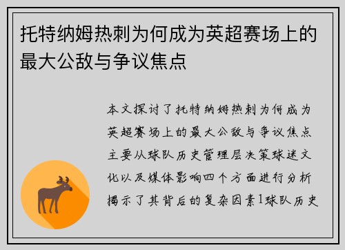 托特纳姆热刺为何成为英超赛场上的最大公敌与争议焦点